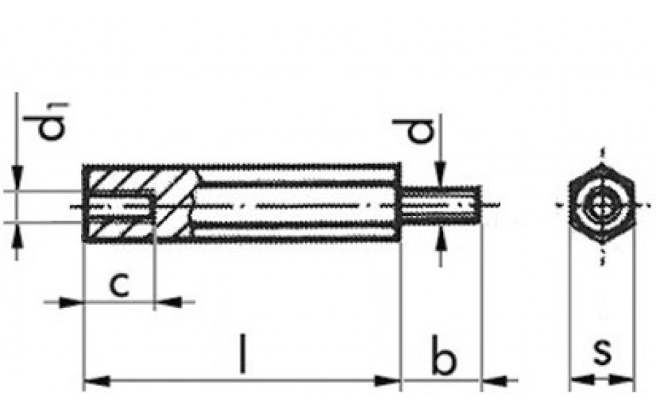 Abstandsbolzen mit Innen- und Außengewinde - Stahl - verzinkt blau - Schlüsselweite 5,5 - M3 X 6-3-6 - mit Gewindefreistich