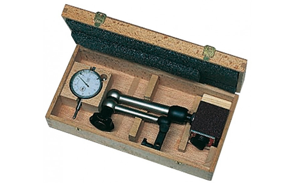 Magnet-Messstativ mit Messuhr, im Holzkasten