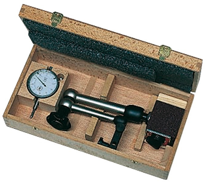 Magnet-Messstativ mit Messuhr, im Holzkasten